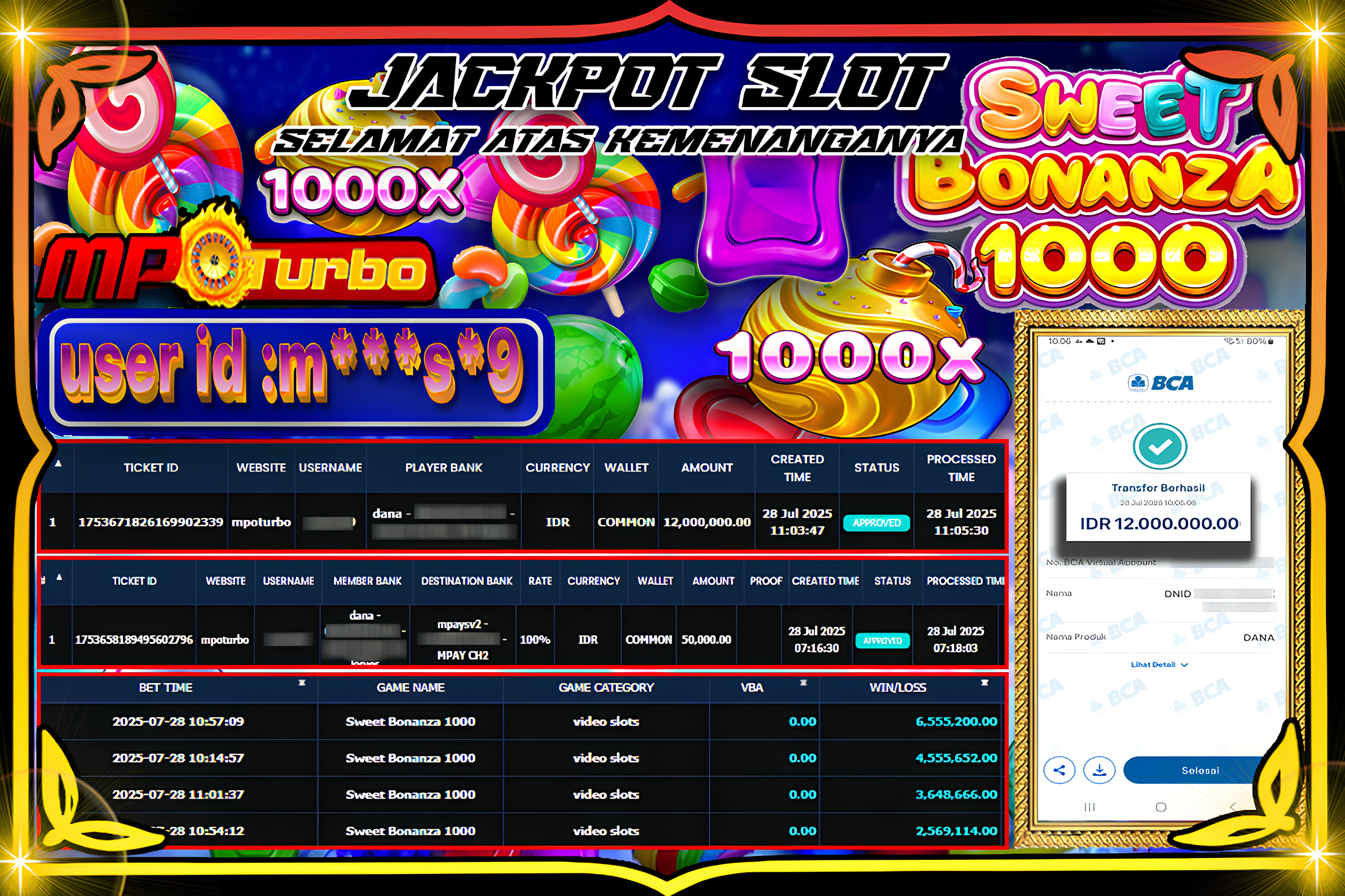 MPOTURBO JACKPOT SWEET BONANZA 1000 Rp12,000.000.00,- LUNAS